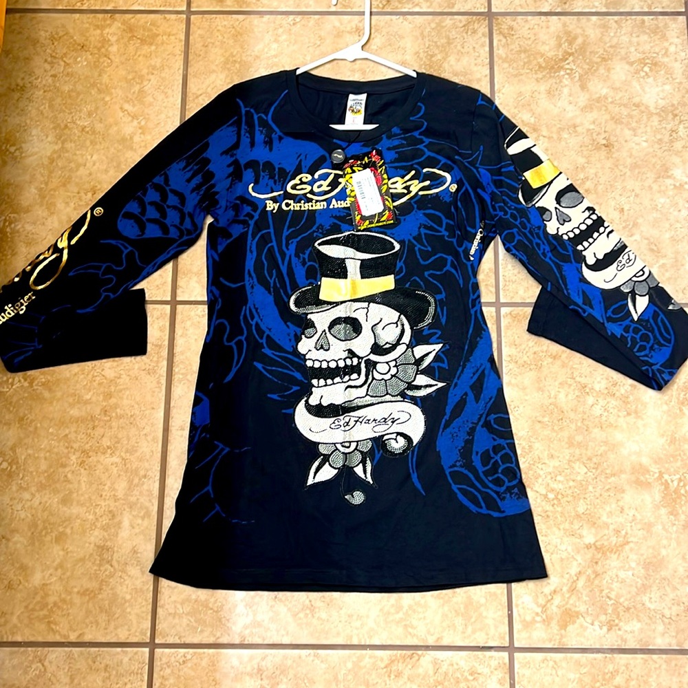 Vtg Women's Ed Hardy Tattoo Skulls Panther Long Sleeve Shirt Made In USA Large